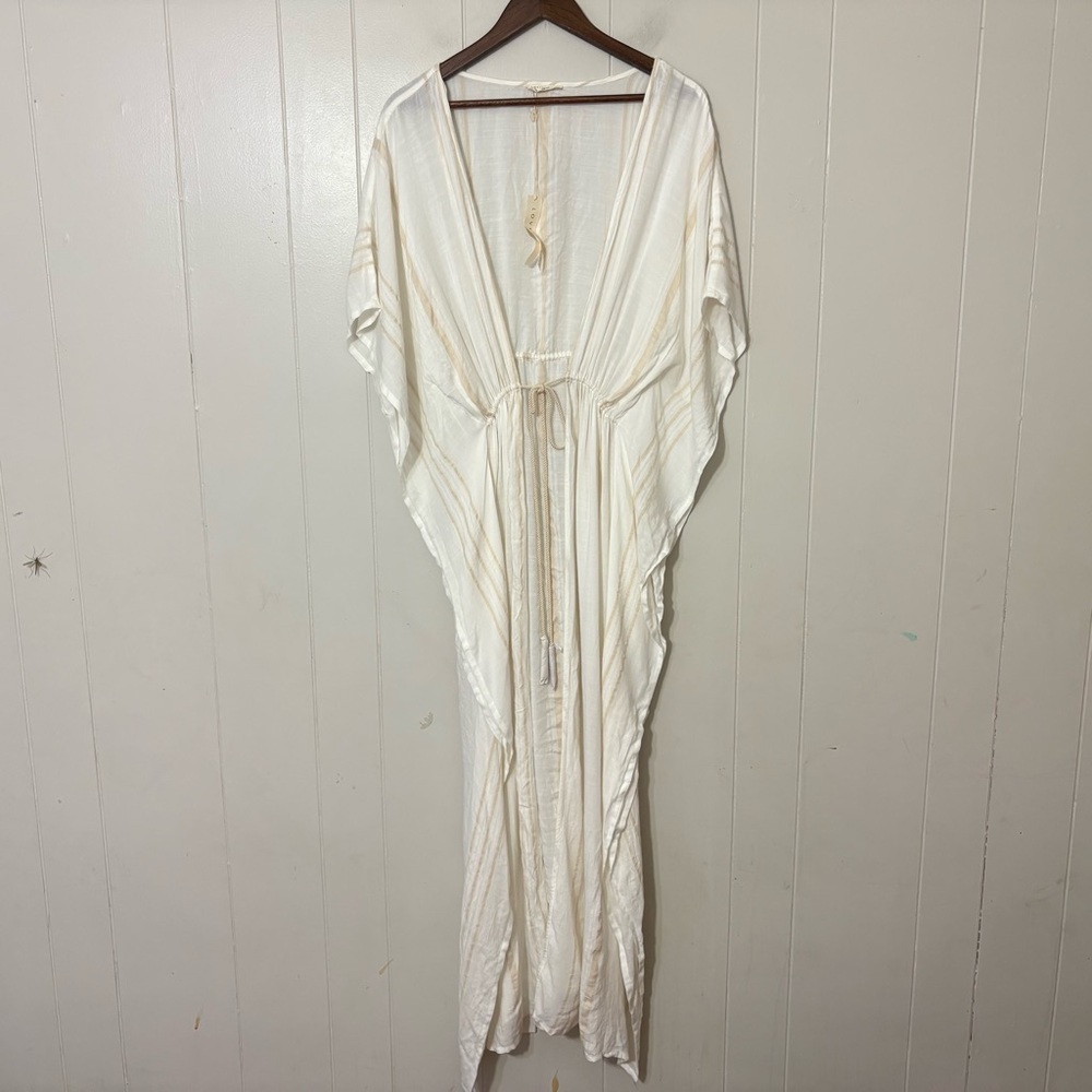 Lovestitch White Striped Kimono Cover Up S/M Boho Beach Caftan Tassel Tie
